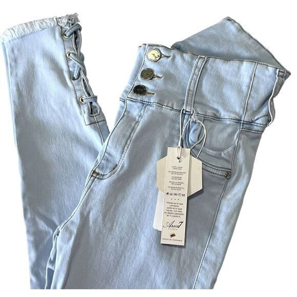 AREA 7 Women's Light Blue Skinny‎ Stretch Jeans with Braided Hem and Lift Effect - Picture 1 of 16